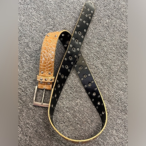Tan Croc Embossed Studded Belt 43” Silver Grommet Western Y2K Boho Statement - Picture 6 of 9